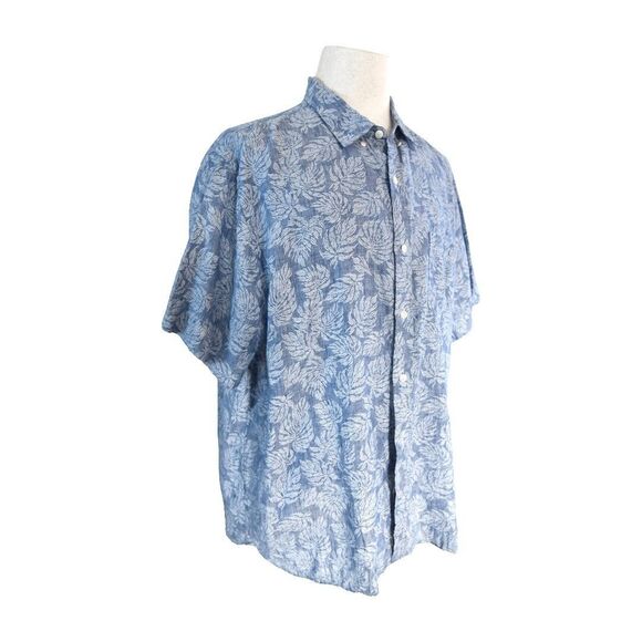 NWT Outerknown Blue Linen Leaf Print Shirt Size XXL 100% Linen Resort Coastal - Picture 2 of 7